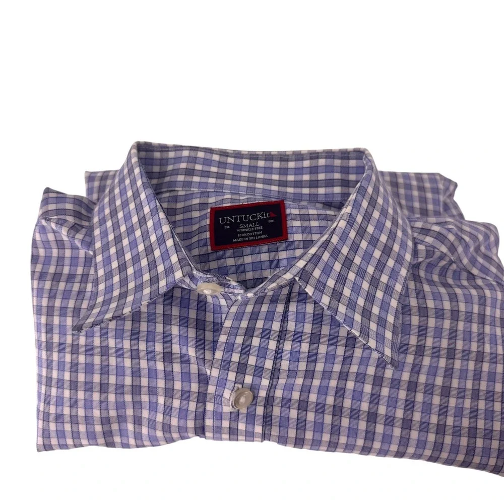 UNTUCKit Mens Small‎ Blue Gingham Check Wrinkle Free Cotton Button Down Shirt